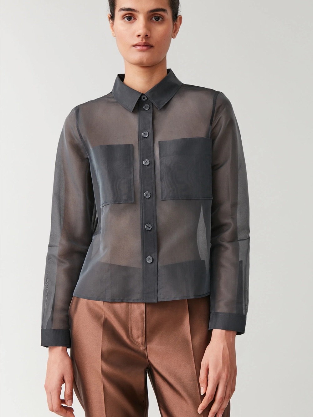 COS Dark Grey Sheer Patch Pocket Shirt w/ Silk Size 2
